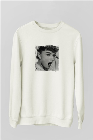 Audrey Hepburn Unisex Baskılı Beyaz Sweatshirt
