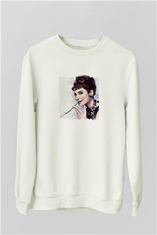 Audrey Hepburn Unisex Baskılı Beyaz Sweatshirt