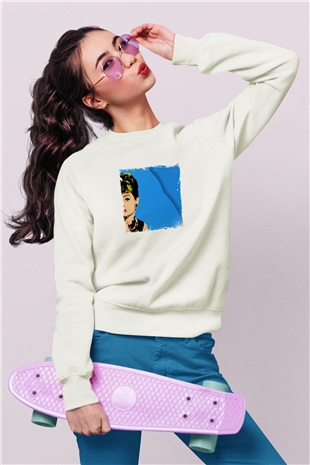 Audrey Hepburn Unisex Baskılı Beyaz Sweatshirt
