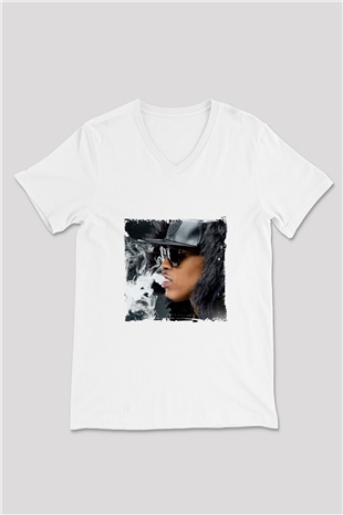 August Alsina Baskılı Beyaz V Yaka Unisex Tişört