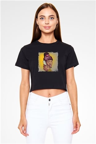 August Alsina Baskılı Crop Top Siyah Kadın Tişört