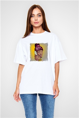 August Alsina Baskılı Oversize Beyaz Tişört