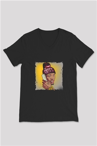 August Alsina Baskılı Unisex Siyah V Yaka Tişört