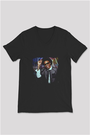 August Alsina Baskılı Unisex Siyah V Yaka Tişört