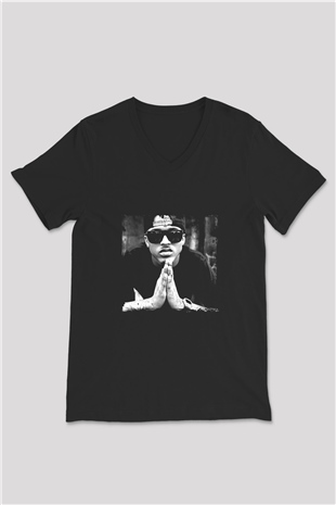 August Alsina Baskılı Unisex Siyah V Yaka Tişört