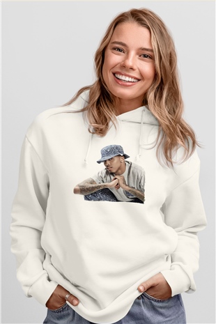 August Alsina Beyaz Unisex Kapüşonlu Sweatshirt