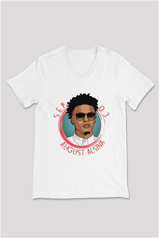 August Alsina Beyaz Unisex V Yaka Tişört