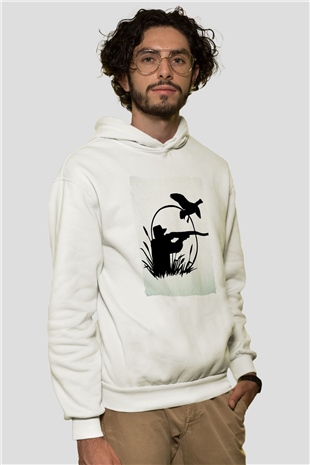 Avcı Beyaz Unisex Kapüşonlu Sweatshirt