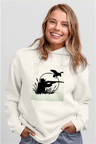 Avcı Beyaz Unisex Kapüşonlu Sweatshirt