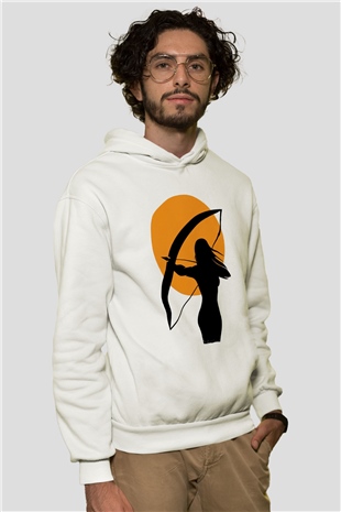 Avcı Beyaz Unisex Kapüşonlu Sweatshirt