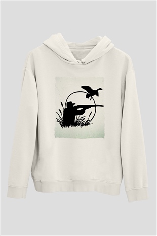 Avcı Beyaz Unisex Kapüşonlu Sweatshirt