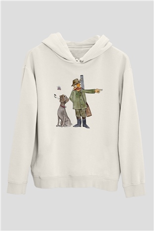 Avcı Beyaz Unisex Kapüşonlu Sweatshirt