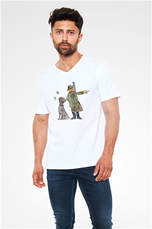 Avcı Beyaz Unisex V Yaka Tişört