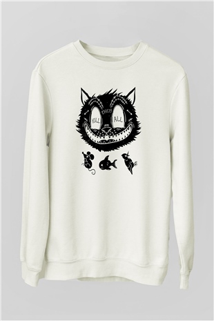 Avcı Kedi Baskılı Unisex Beyaz  Sweatshirt