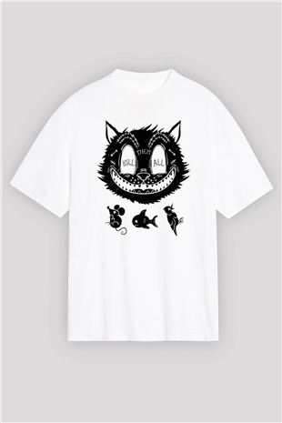 Avcı Kedi Baskılı Oversize Beyaz Tshirt