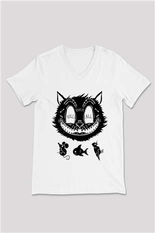 Avcı Kedi Baskılı Unisex Beyaz  V Yaka Tişört