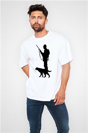 Avcılık Baskılı Unisex Beyaz Oversize Tişört - Tshirt