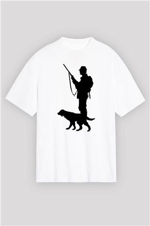 Avcılık Baskılı Unisex Beyaz Oversize Tişört - Tshirt