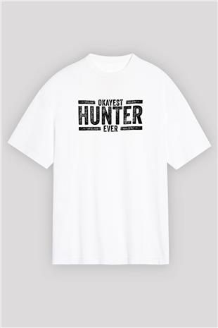 Avcılık Baskılı Unisex Beyaz Oversize Tişört - Tshirt