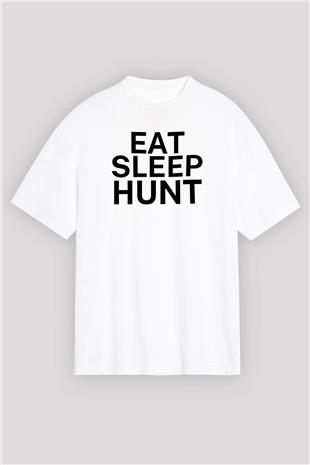 Avcılık Baskılı Unisex Beyaz Oversize Tişört - Tshirt
