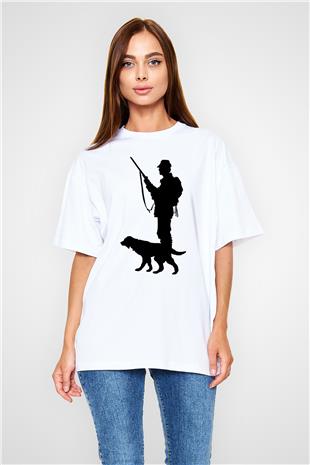 Avcılık Baskılı Unisex Beyaz Oversize Tişört - Tshirt