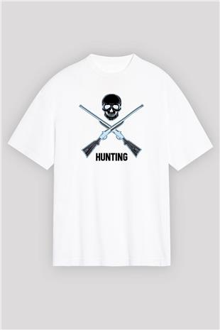 Avcılık Baskılı Unisex Beyaz Oversize Tişört - Tshirt