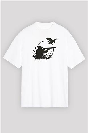 Avcılık Baskılı Unisex Beyaz Oversize Tişört - Tshirt
