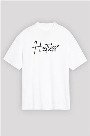 Avcılık Baskılı Unisex Beyaz Oversize Tişört - Tshirt