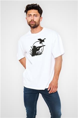 Avcılık Baskılı Unisex Beyaz Oversize Tişört - Tshirt