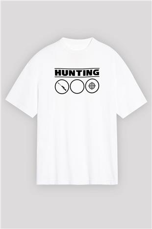 Avcılık Baskılı Unisex Beyaz Oversize Tişört - Tshirt