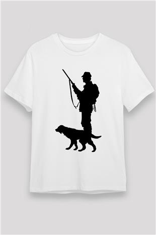 Avcılık Baskılı Unisex Beyaz Tişört - Tshirt