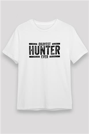 Avcılık Baskılı Unisex Beyaz Tişört - Tshirt