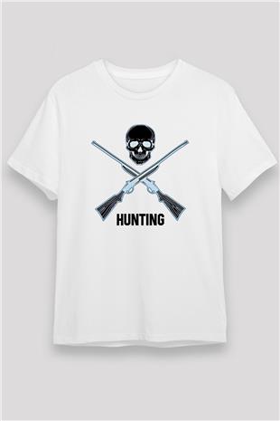Avcılık Baskılı Unisex Beyaz Tişört - Tshirt