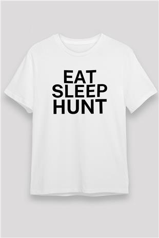 Avcılık Baskılı Unisex Beyaz Tişört - Tshirt