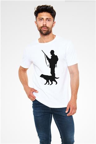 Avcılık Baskılı Unisex Beyaz Tişört - Tshirt