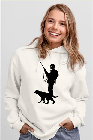 Avcılık Baskılı Unisex Ekru Hoodie