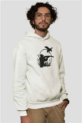 Avcılık Baskılı Unisex Ekru Hoodie