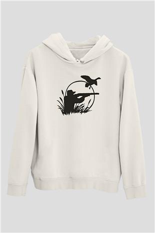 Avcılık Baskılı Unisex Ekru Hoodie