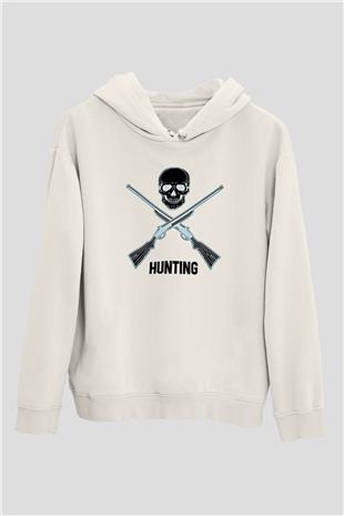 Avcılık Baskılı Unisex Ekru Hoodie