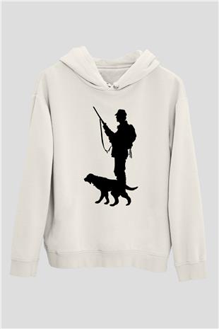 Avcılık Baskılı Unisex Ekru Hoodie