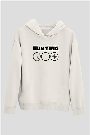 Avcılık Baskılı Unisex Ekru Hoodie