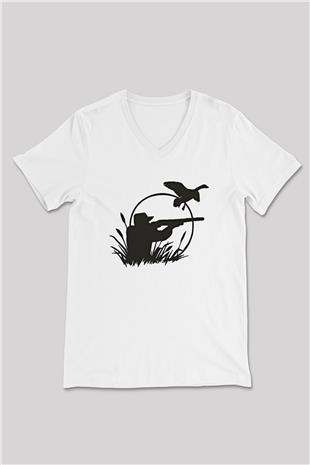 Avcılık Baskılı Unisex V Yaka Tişört - Tshirt