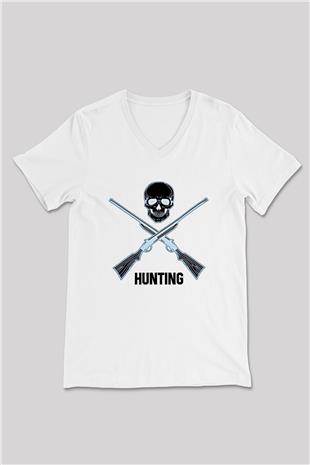 Avcılık Baskılı Unisex V Yaka Tişört - Tshirt