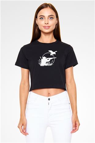 Avcılık - Hunting Baskılı Crop Top Siyah Kadın Tişört - Tshirt