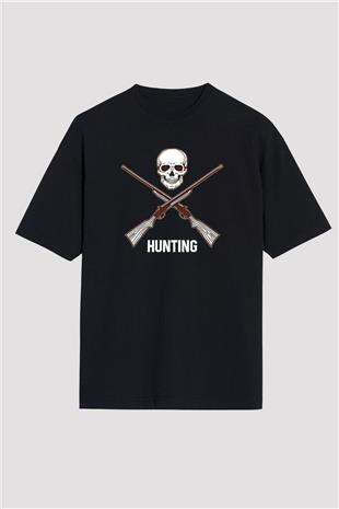 Avcılık - Hunting Baskılı Unisex Siyah Oversize Tişört