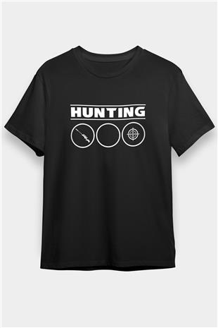 Avcılık - Hunting Baskılı Unisex Siyah Tişört - Tshirt