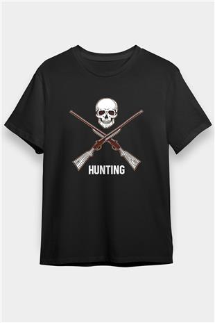 Avcılık - Hunting Baskılı Unisex Siyah Tişört - Tshirt