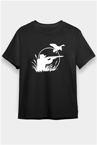 Avcılık - Hunting Baskılı Unisex Siyah Tişört - Tshirt