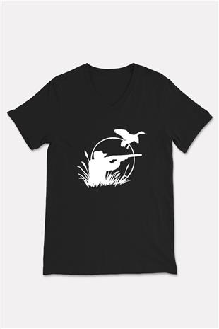 Avcılık - Hunting Baskılı Unisex Siyah V Yaka Tişört