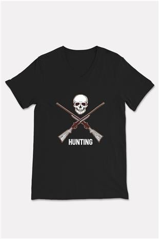 Avcılık - Hunting Baskılı Unisex Siyah V Yaka Tişört